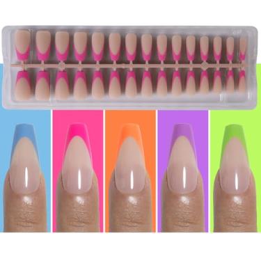 Imagem de AUBSS Caixão longo de ponta francesa, unhas postiças de gel macio neon de verão, cores brilhantes de acrílico, rosa choque, azul, laranja, roxo, conjunto de unhas postiças para arte em unhas, presente