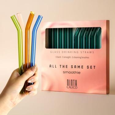Imagem de Pacote com 10 canudos grossos e reutilizáveis de vidro – Coloridos, duráveis – Inclui 10 canudos de smoothie e 2 escovas de limpeza – para smoothies, café gelado, lates, matcha, refrigerante, suco