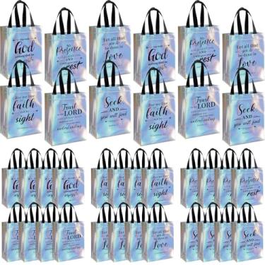 Imagem de HunnmingRe 24 sacos de presente cristãos iridescentes brilhantes com alça a granel 20 x 10 x 25 cm, sacos de presente de versículo religioso da Bíblia não tecido, sacolas iridescentes reutilizáveis