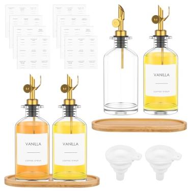 Imagem de XYDHQS Garrafa dispensadora de azeite de oliva, conjunto de dispensador de óleo e vinagre com funil, bandeja de bambu e etiqueta à prova d'água, garrafa de molho de soja de vidro de 350 ml para
