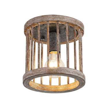 Imagem de wochos Luminária De Teto Rústica Fazenda, Mini Embutida Em Gaiola Madeira Natural Para Corredor, Entrada, Cozinha, Sala Jantar