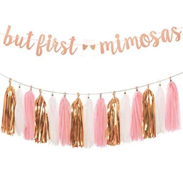 Imagem de Aonor Gold Mimosa Bar Bridal Shower Decorations Supplies - Glittery But First Mimosas Banner and Tissue Paper Tassels Garland for Wedding Baby Shower Party Bar Sign Decorations, Rose Gold