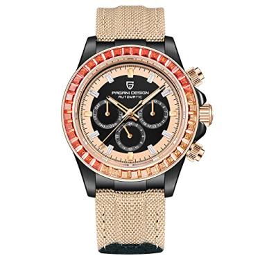 Imagem de PAGANI DESIGN Relógio masculino mecânico automático de luxo 40 mm safira sintética bisel arco-íris cristal diamante pulseira de nylon à prova d'água esporte relógio de pulso, Bege, Clássico