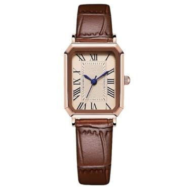 Imagem de Relógio vintage feminino elegante com mostrador retangular romano, caixa ultrafina, pulseira de couro macio, relógio de pulso clássico de quartzo estilo vintage, Marrom/A, Casual
