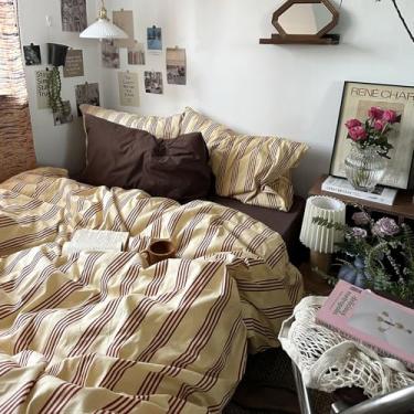 Imagem de mixinni Conjunto de edredom vintage listrado tamanho casal - conjunto de cama boho de algodão macio de 3 peças (1 edredom + 2 fronhas), listras geométricas rústicas vermelho-marrom, ultramacio e