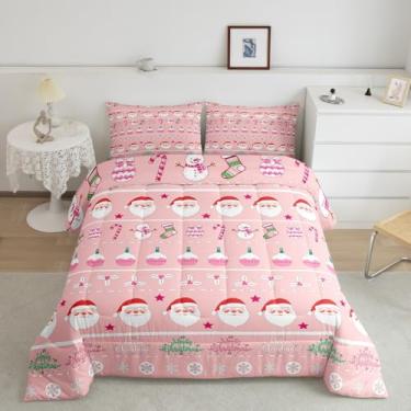 Imagem de Feelyou Conjunto de edredom rosa decorativo Feliz Natal, Papai Noel, boneco de neve, para inverno, ano novo, presente para crianças, meninos, meninas, 1 fronha