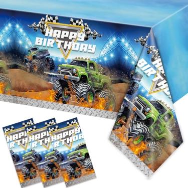 Imagem de XUELIREN 3 toalhas de mesa descartáveis de plástico para festa de aniversário Monster Truck, 272 x 137 cm, tema de caminhão, artigos de festa de aniversário e meninos