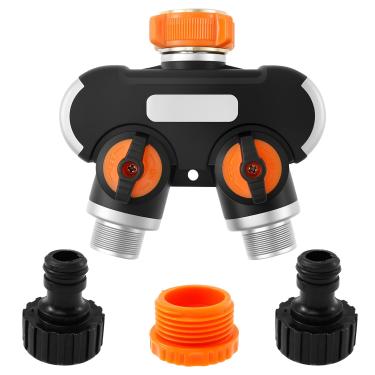 Imagem de Divisor de mangueira de jardim 2 vias, coletor de torneira de mangueira de liga de alumínio de 3/10.2 cm com interruptor rotativo Valu e divisor de mangueira de jardim com alça estendida de borracha