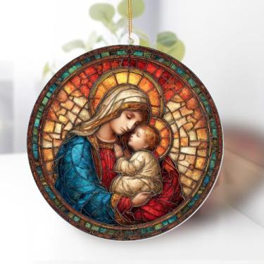 Imagem de Enfeite de acrílico de vitral para mãe e criança 2025 - enfeite de Natal religioso para madonna e criança, apanhador de sol de janela de presépio acrílico, decoração de árvore católica, lembrança para