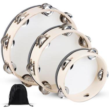 Imagem de Pandeiro de percussão portátil de madeira Wirmevi 15+20+25 cm com bols