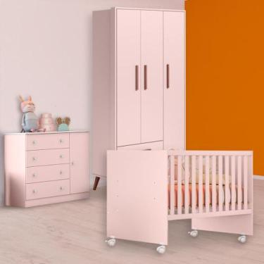 Imagem de Berço Reto, Cômoda Sapateira e Guarda Roupa Retrô Rosa - Qmovi