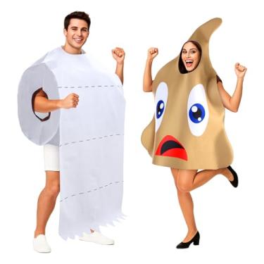 Imagem de Newcotte 2 peças de fantasia para casais de cocô de Halloween e papel higiênico grande fantasia de emoticon de cocô gigante rolo de papel higiênico hilário para mulheres e homens, tamanho único