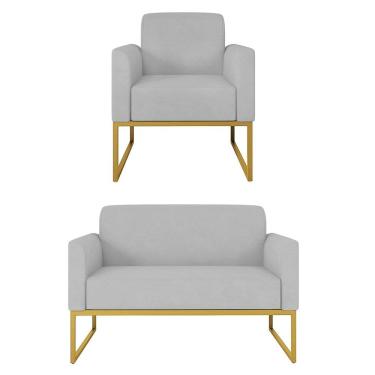 Imagem de Kit Namoradeira e 1 Poltrona Decorativa Base Industrial Dourada Maressa S10 Suede Cinza - Ibiza