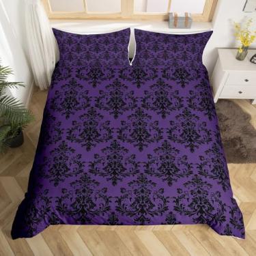 Imagem de Conjunto de capa de edredom tamanho casal damasco roxo preto, estilo boêmio, estilo boêmio, estilo vitoriano, reversível, com 2 fronhas, vintage gótico, renda, floral, conjunto de cama (não edredom)