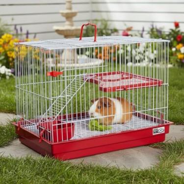 Imagem de Gaiola para Roedores com Andar Elevado, Escada Aramada, Bandeja Higiênica, Ideal para Coelho, Porquinho da Índia, Chinchila, Vermelho