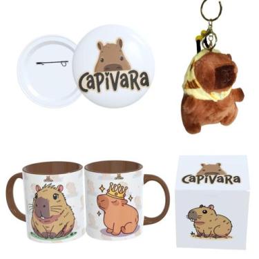 Imagem de Kit Completo Capivara  Caneca Estampada, Botton 4,4cm, Pelúcia de Capi