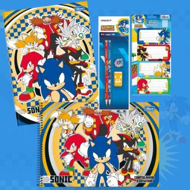 Imagem de Caderno Brochura + Desenho Capa Dura Sonic Tilibra 80 folhas + Kit Esc