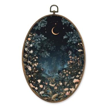 Imagem de LKETW Dark Academia Moon Night Forest Oval Wall Art, Cottagecore Botanical Oval Canvas Hanging Decor, Whimsigoth Crescent Moon Floral Wall Decorações para casa, quarto, sala de estar, 21 x 29 cm