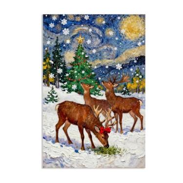 Imagem de Zeichn8u Impressão de arte de parede de Natal, rena, céu estrelado, pôsteres de Natal, decoração de quarto, galeria, sala de estar, banheiro, decoração de parede, 60 x 40 cm (24 x 16 pol), sem moldura