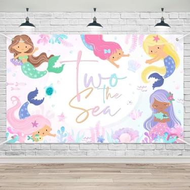 Imagem de Faixa de sereia feliz aniversário de 2 anos para meninas - decorações de festa temática sob o mar, pano de fundo de cabine de fotos com duas placas doces 70,8 x 11,8 polegadas, suprimentos de festa e
