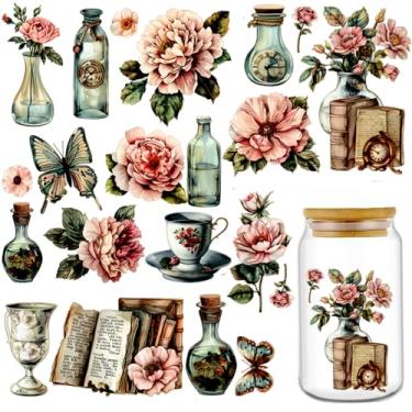 Imagem de UV DTF Cup Wraps Transfer - 17 Padrão Retrô Folwer Garrafas Relógio Livros UV DTF Copo Adesivo para Caneca Garrafa de Água de Vidro, Artesanato DIY para Notebook Bagagem, Laptop Carro, Decalque
