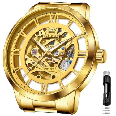 Imagem de OLEVS Relógios automáticos masculinos 43 mm esqueleto mostrador grande 3 ponteiros relógio de aço inoxidável vestido de luxo mecânico à prova d'água luminoso Wirst relógio presente, Dourado, Relógio