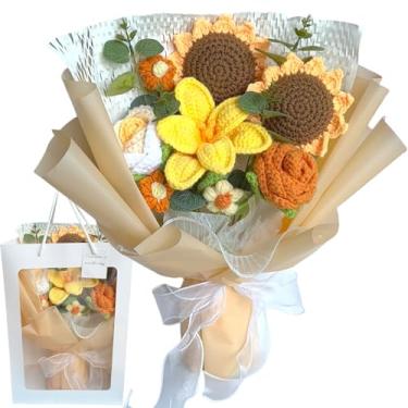 Imagem de MYGOGOART Buquê de flores de crochê acabado, 8 peças, buquês de flores artificiais embrulhadas à mão para o Dia das Mães, Dia dos Namorados, aniversário, presentes de formatura (amarelo)