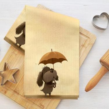 Imagem de Cachorro fofo de desenho animado com guarda-chuva, toalhas de cozinha de microfibra absorvente, toalha de prato decorativa, toalha de chá, toalhas de mão de waffle para cozinha, casa, banheiro