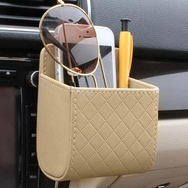 Imagem de Caixa organizadora de carro, saída de ar, painel de instrumentos para pendurar em couro sintético PU, suporte universal para celular de carro, acessórios interiores de automóveis, bege