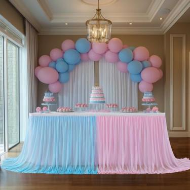 Imagem de Saia de mesa de tule azul rosa para mesa retangular, 4,3 m, tutu, toalha de mesa para revelação de gênero, festa, chás de bebê, bolo, sobremesa, bufê, banquetes