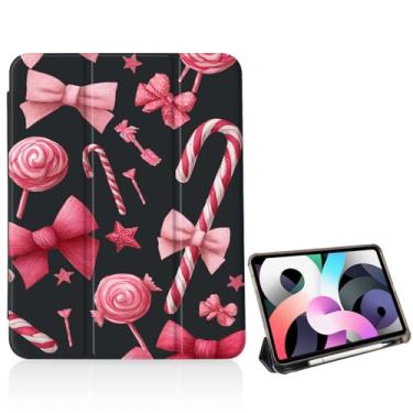 Imagem de Capa de Natal Kawaii Bow Candy Bengala para iPad 10ª/11ª geração com porta-lápis, capa protetora à prova de choque dobrável de couro preto hibernar/despertar automático para 10,9/11 polegadas 2022
