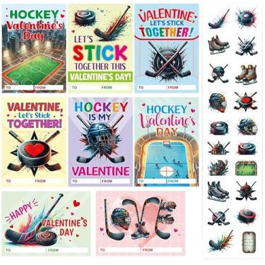 Imagem de Fancy Land Cartões de dia dos namorados com tema de hóquei com envelopes para crianças, escola, sala de aula, esportes, lembrancinhas de festa