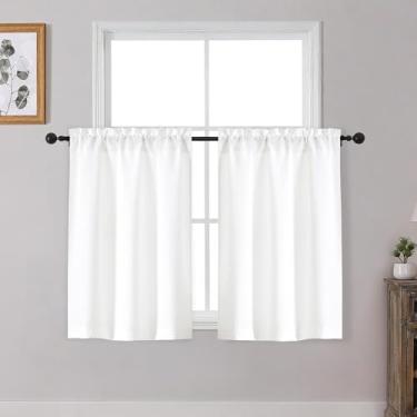 Imagem de OWENIE Cortinas brancas para café 91 cm de comprimento, conjunto de 2 painéis, cortinas de cozinha curtas texturizadas com filtragem de luz sobre a pia, camada de cortina de janela pequena para