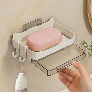 Imagem de Saboneteira montada na parede - Suporte de sabão adesivo sem broca para banheiro/chuveiro, design de drenagem e antiderrapante, branco