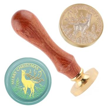 Imagem de Carimbo de lacre de cera de Natal, alce, latão e cabo de madeira, cabeça para cartões de Natal, convites, cartas, envelopes, cartões de felicitações, presentes