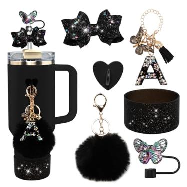 Imagem de Conjunto de 6 peças de acessórios para copos Stanley pretos - tampa de cobertura de palha de borboleta, laço brilhante para canudo, bota de silicone brilhante, pingente de letra e pompom para copos