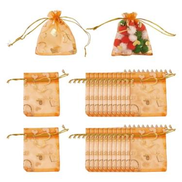 Imagem de 50 unidades de sacos de organza estampados em coração 7 x 9 cm transparente laranja escuro cordão organza sacos de presente para festa de casamento bolsas de embalagem de joias de Natal
