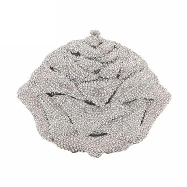 Imagem de Boutique De FGG Mini bolsa clutch floral com strass para mulheres, formal, bolsas noturnas de cristal, bolsas de mão para festa de casamento, Prata, Mini