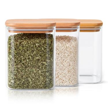 Imagem de kit 3 pote vdro bambu hermético 1,1L quadrado cozinha grande alimentos colher mantimentos decoração organização
