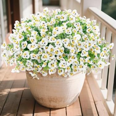 Imagem de U'Artlines 16 pacotes de flores artificiais de amor-perfeito para todas as estações, flores artificiais resistentes a UV, amores-perfeitos de seda com folhas de eucalipto para plantadores, varanda