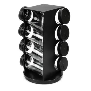 Imagem de Porta Condimentos Giratório em Plástico Preto, 8 Potes de 80ml, Base Giratória, Organizador para Temperos e Especiarias