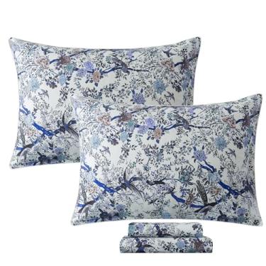 Imagem de FADFAY Jogo de lençol Queen botânico pássaro floral vintage azul fazenda ramos gastos coleções de cama 100% algodão egípcio respirável macio 45 cm bolso profundo 4 peças, tamanho Queen
