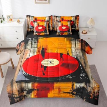 Imagem de jejeloiu Conjunto de edredom retrô de vinil dos anos 83 com lençol com lençol king size, vintage, toca-discos, decoração de quarto, tocador de notas musicais, padrão de cajados musicais, 7 peças