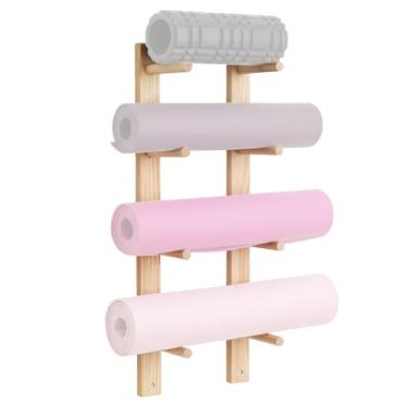 Imagem de Cinnvoice 1 par de suporte de tapete de ioga de madeira para suporte de parede para rolo de espuma e acessórios de fitness, 4 camadas 73 x 18 x 5 cm, acomodando 4 tapetes para economizar espaço e