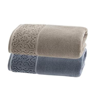 Imagem de Jogo de Toalhas Ele/Ela Super Soft Arabesco Zero Twist 2Pçs – Banhão 80x150cm 500g/m² – Toque Macio, Alta Absorção e Design Sofisticado – Altihaus (Bege/Azul)
