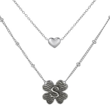 Imagem de MANZHEN Colar feminino com coração e trevo em camadas, inicial A-Z, design decorativo de elos de corrente, joias antigas, 18 Inches, Metal, Sem Pedra Preciosa
