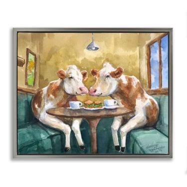 Imagem de Stupell Industries Arte de parede em tela flutuante com moldura dourada Two Cows Cafe Brunch, design de George Dyachenko, 43 x 53 cm
