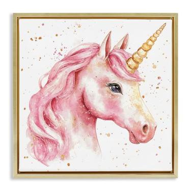 Imagem de Stupell Industries Unicórnio rosa com respingos de tinta cinza moldura flutuante, arte de parede, design por Creative Studio, 45,7 x 45,7 cm