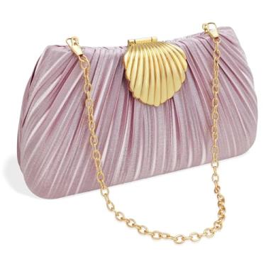 Imagem de YBMYCM Bolsa clutch para noite feminina, portátil com fecho de concha, elegante bolsa de seda para casamento, formatura, jantar de luxo, Roxo, rosa