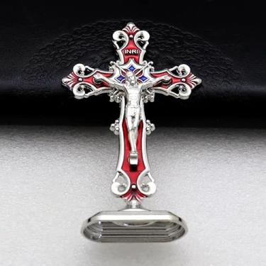 Imagem de 【Liga de zinco durável】 Enfeite de cruz para Natal e carro estatueta em forma de cruz, enfeites de Natal para painel de carro, decoração de casa e escritório - vermelho prateado